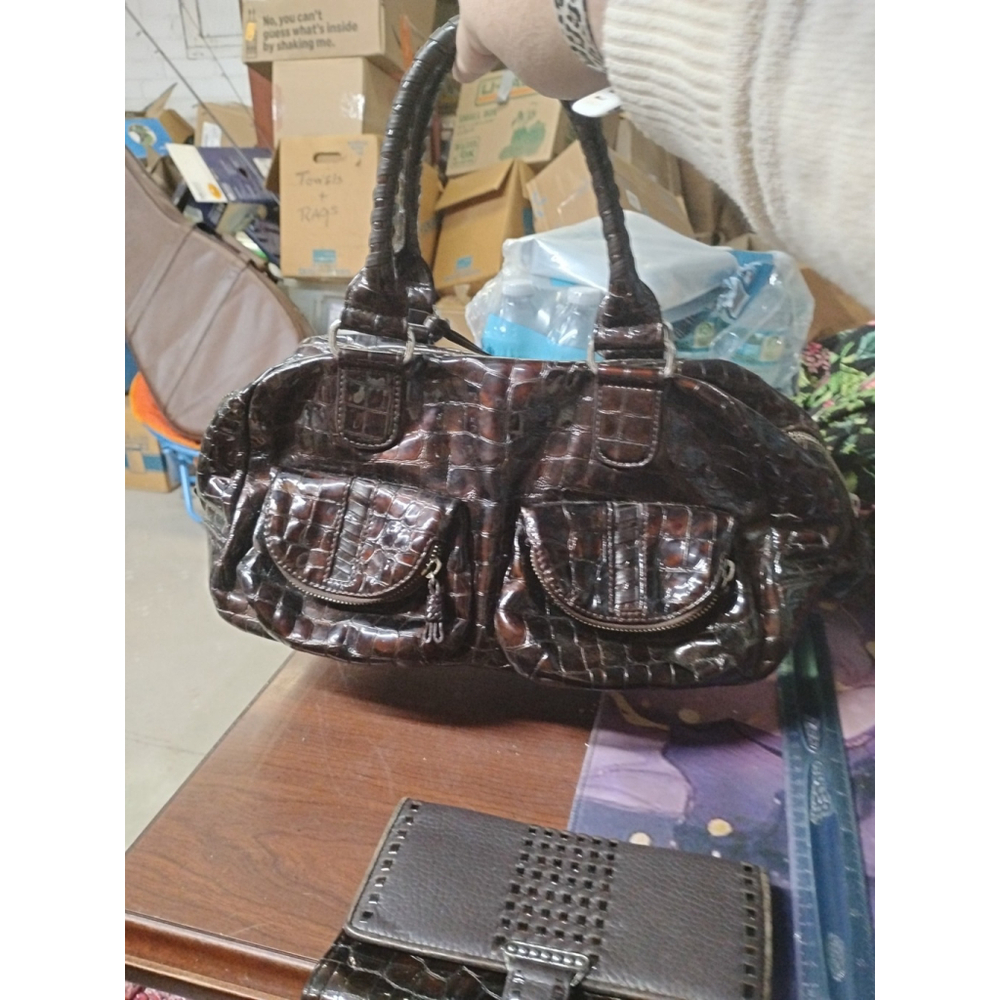 BRIGHTON Leslie Bronze Brown Patent Leather Croc Glam Shoulder Bag Purse &Wallet